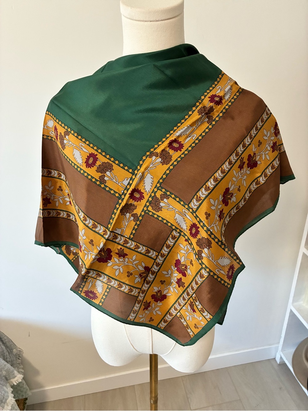 Adrienne Vittadini Green, Brown & Mustard Floral Silk Scarf
